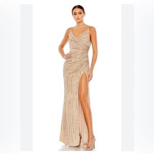 Mac Duggal Champagne Maxi Dress with Embellishments Style 10932